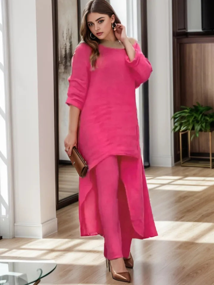 Conjunto Feminino Longo em Linho com Cintura Alta