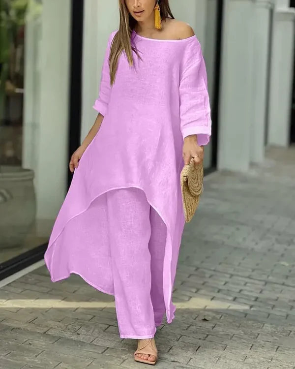 Conjunto Feminino Longo em Linho com Cintura Alta